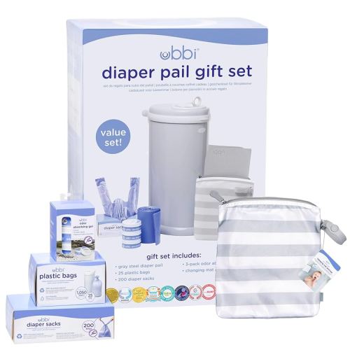 Ubbi Diaper Changing Value Gift Set, Baby Registry Gift, Includes Gray Diaper Pail, Absorbing Gels, Travel Changing Mat & Bag, Diaper Pail Waste Bags and On-the-Go Waste Sacks