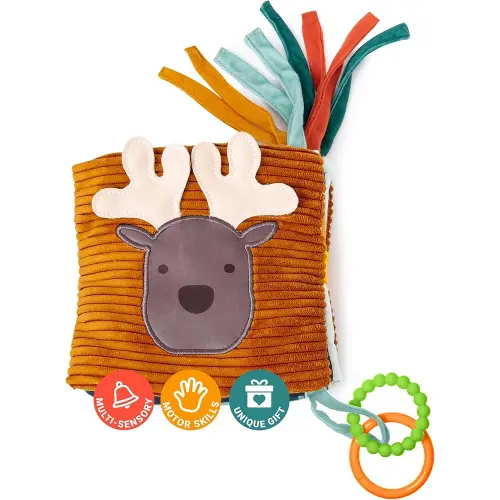 Little Big Friends 2-in-1 Soft Baby Activity Book | Crinkle Cloth Book with Mirror, Teething Ring & Textures | Sensory Toy for Infants | Attaches to Crib, Car Seat or Stroller | Forest Theme