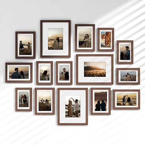 Venusmiles 15 Pack Picture Frames Collage Wall Decor, Gallery Frame Set for Wall Mounting or Tabletop Display, Multi Sizes Including 3pcs 8x10, 6pcs 5x7, 6pcs 4x6, Walnut