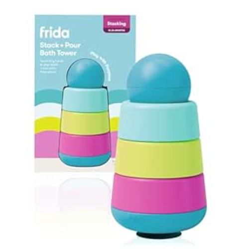 Frida Baby Stack + Pour Bath Tower Bath Toy, Bath Toys for Toddlers, Teaches Child to Grasp, Stack & Scoop. Gross to Fine Motor Skills, Hand Eye Coordination, Sort by Size, Count, Pretend Play