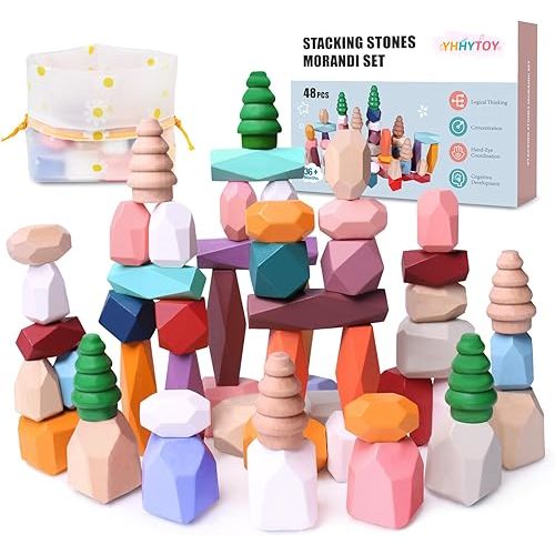 48 PCS Wooden Stacking Rocks Stones Building Blocks, Montessori Toys for 3+ Year Old Preschool Learning Activities Balancing Stacking Game, Birthday Gifts for 3 4 5 6 Year Old Girls Boys Kids