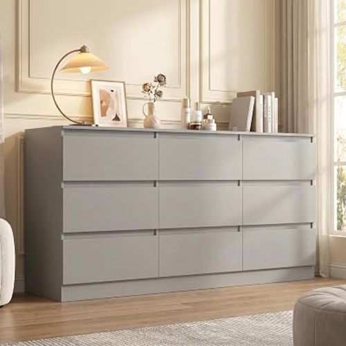 Grey 9 Drawer Dresser for Bedroom,Modern Large Dresser with Deep Drawer,Wide Bedroom Storage Chest of Drawer,Wood Storage Organizer Furniture for Living Room,Closet