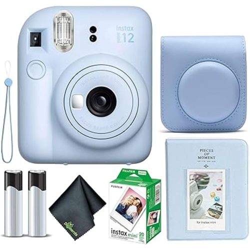 Fujifilm Instax Mini 12 Instant Camera Pastel Blue Bundle with Fuji Instax Mini Film Value Pack (20 Sheets) + Protective Carrying Case + Photo Album + Microfiber Cleaning Cloth