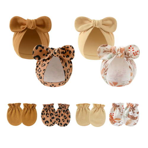 4PCS Newborn Baby Hospital Hats Beanie Bow Infant Caps Cotton Preemie Hats No Scratch Mittens Set for 0-1 Years Old