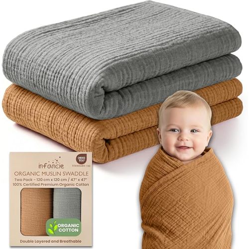 infancie 100% Organic Cotton Muslin Baby Blanket - 47 x 47 Inch Breathable Baby Blankets for Girls, Hypoallergenic Double-Layer, Soft and Cozy Newborn Baby Blanket for Sleeping & Everyday (Gold/Sage)