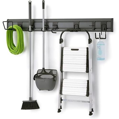 TRINITY 9-Piece Heavy Duty Wall Track Storage System, Wall Mount Utility Rack Organization Kit for Garage, Shed, Pantry, Garden Tools, with 2 PVC 28" Panels & 7 Hooks, Up To 150 Lbs Per Panel, Gray