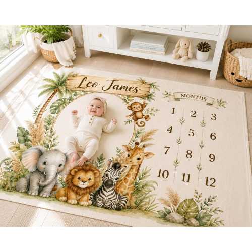 Personalized Safari Baby Milestone Blanket, Jungle Animal Monthly Milestone Blanket, Custom Baby Name Blanket, First Year Baby Blanket, Baby