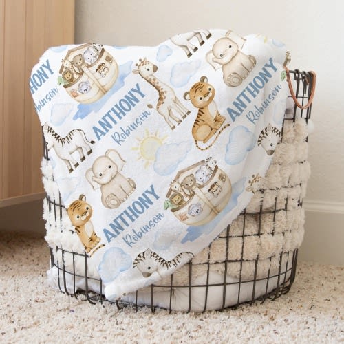 Noah's Ark Nursery Baby Blanket, Personalized Christian Name Swaddle Baby Shower Gift, Custom New Mom Hospital Blanket, Newborn Gift