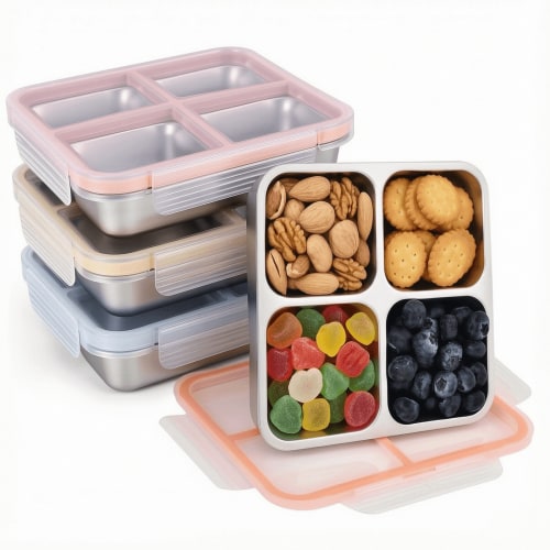 4 Pack 304 Stainless Steel Snack Containers with Lids,4 Compartment Leakproof Bento Lunch Boxes,Reusable Divided Storage Containers for Work,Travel,Office