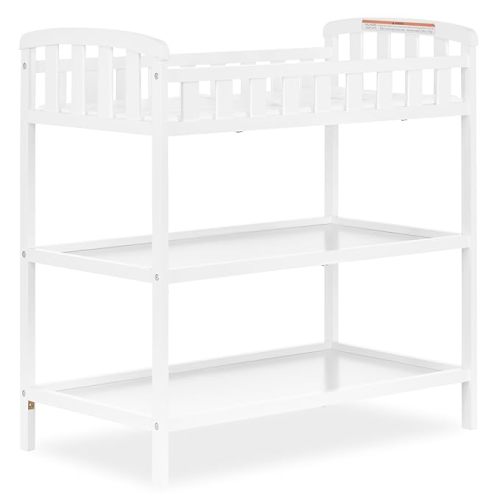 Dream On Me Emily Changing Table, Compact and Lightweight, Solid New Zealand Pinewood, Elevated Safety Rails, Two Storage Shelves, Includes Water-Resistant 1" Changing Pad — White