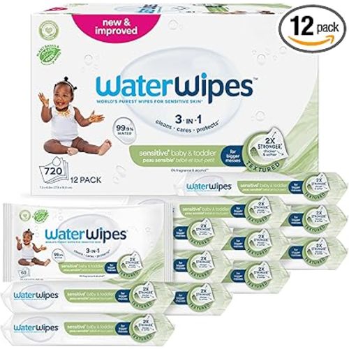 WaterWipes Sensitive+ Baby & Toddler Wipes, 3-In-1 Cleans, Cares, Protects, 99.9% Water, Textured Clean, Unscented & Hypoallergenic, 720 Count (12 Packs)