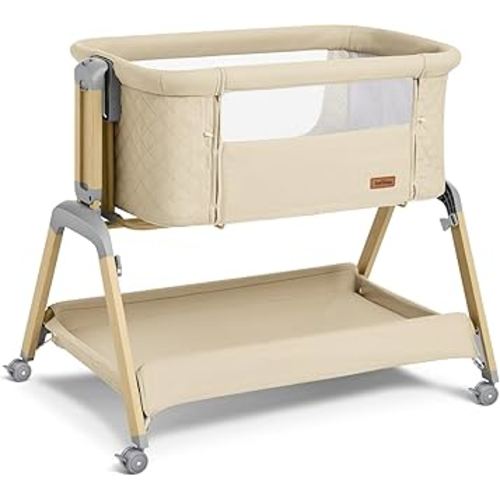 Bassinet Bedside Sleeper, Rocking Bassinets with Comfy Mattress and Wheels for Newborn, 5-Height Adjustable (Beige)