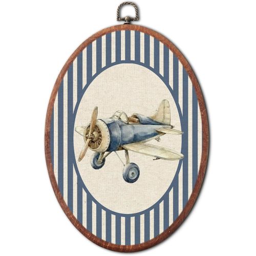 VALTRIXA Vintage Airplane Nursery Oval Wall Art, Retro Aviation Decor Wall Art Hanging Decor, Blue Striped Canvas Prints Framed, for Bedroom Playroom Decoration, 8.6x11.4 Inch