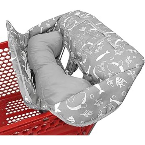 Love&go Soft Pillow Attached 2-in-1 Shopping Cart and High Chair Cover for Baby, Cotton Padded Cart Cover, Fold'n Roll Style, Portable with Carry Bag (Gray Seaworld)