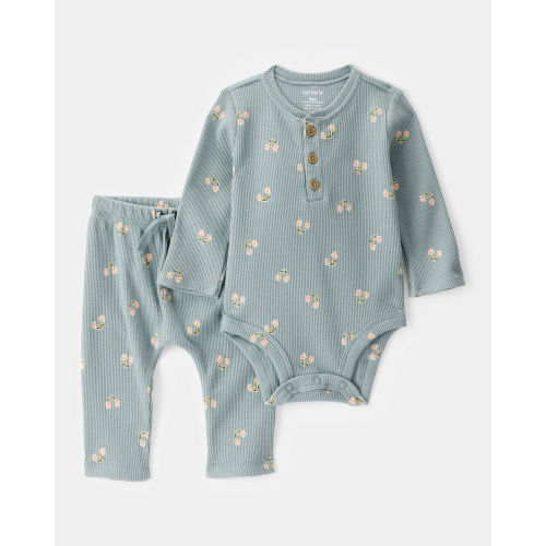 Baby 2-Piece Floral Waffle Knit Long-Sleeve Bodysuit Pant Set - Green - Carter's | Carter's