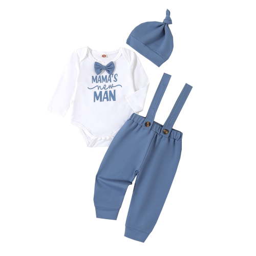Suealasg Baby Boy Clothes Newborn Infant Gentleman Suit Outfits Letter Print Long Sleeve Romper +Suspender Pants +Hat