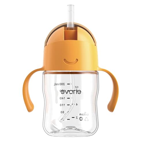 Evorie Tritan Weighted Straw Sippy Cup with Handles for Baby and Toddlers, Spill Proof Baby Water Bottle with Straw for 6 Months and up, 7 Oz, Infant Training Water Bottle (Apricot)