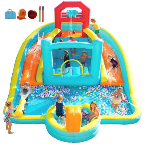 Patbrela 9 in 1 Large Inflatable Water Slide Bounce House ,211" x 104" x 143",With 750w Blower,2 Water Slides, 2 Water Blasters,Double Blow up Splash,Deep Pool,Basketball Hoop,Water Canon