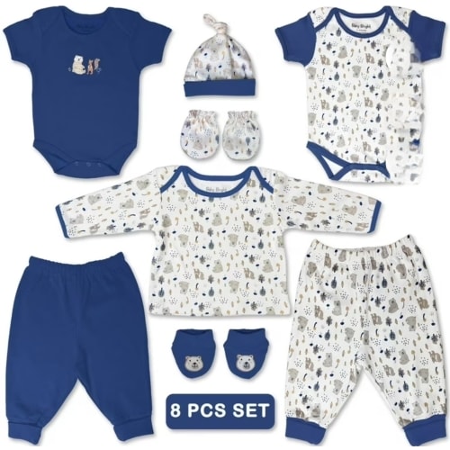 Baby Bright Newborn Baby Boy Essentials, Clothes Set, Cotton, 8 Pieces, Size 0-3 Months