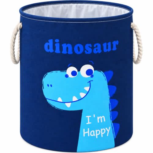 Blue Dinosaur Laundry Hamper, Round Storage Basket with Handles, Foldable Cotton Linen Organizer Bin for Boys Girls Bedroom, Dorm, Toys, Clothes and Home Decor