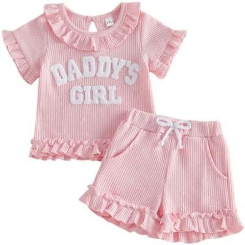 Sejardin Infant Baby Girl Summer Clothes Letter Print Ruffle Short Sleeve Tops and Stretch Shorts Cute Toddler Outfit