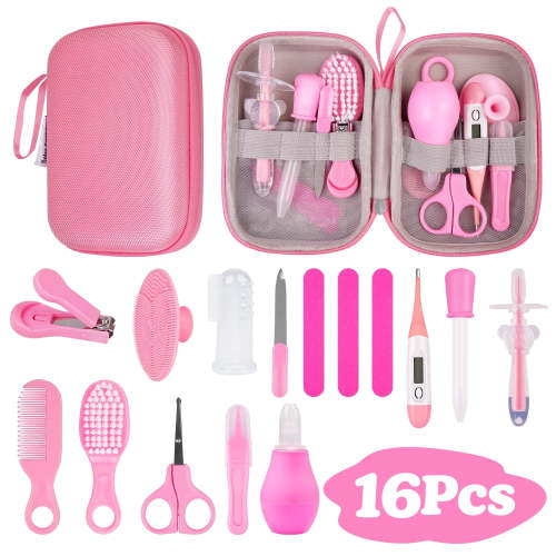 Qissep 16 in 1 Baby Grooming Kit, Infant Healthcare Kit with Nail File, Hair Brush, Pink