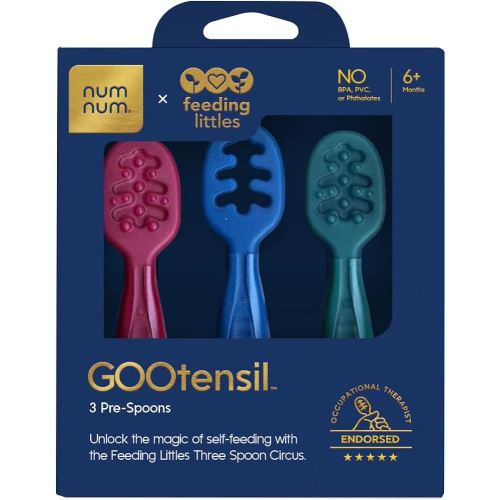 NumNum Baby Spoons Set, Feeding Littles x Silicone Pre-Spoon GOOtensils for Baby Led Weaning, Self-Feeding & Teething, First Stage Toddler Utensils for Ages 6+ Months, 3-Pack, BPA-Free (Jewel Tones)