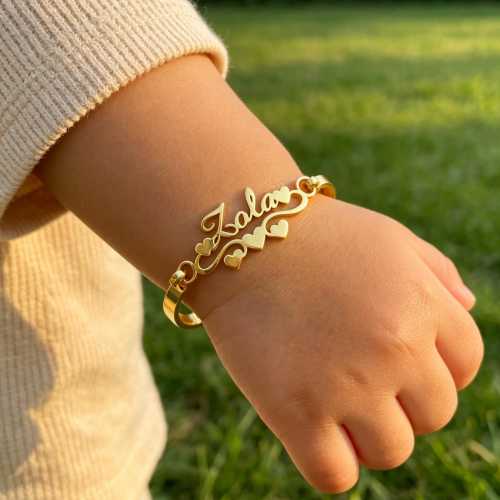 Dainty 18K Gold Baby Bangle Bracelet: Custom Nameplate, Personalized Jewelry, Kids Newborn Gifts
