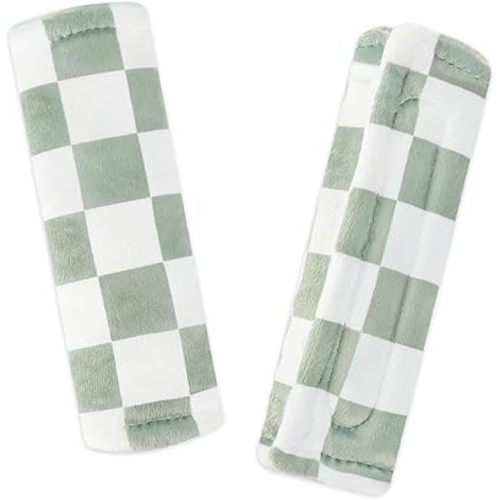 Baby Car Seat Belt Covers, 2Pcs Carseat Shoulder Strap Pads, Soft Minky Car Seat Neck Covers, Newborn Car Seat Strap Protectors, Stroller Strap Covers for Baby Kids, Green Checkered
