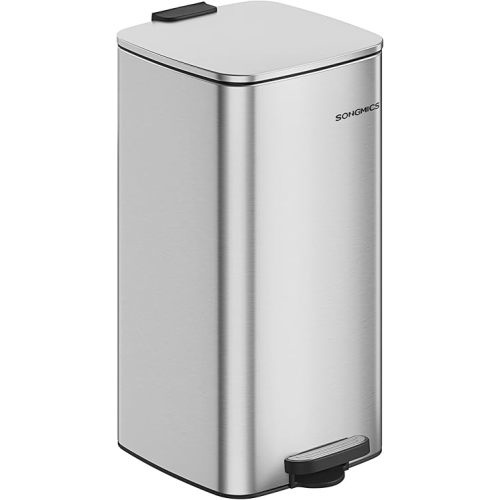 SONGMICS Kitchen Trash Can, 8-Gallon (30 L) Trash Bin, Stainless Steel Garbage Can, with Inner Bucket, Soft Close and Stays Open, Metallic Silver ULTB593E01