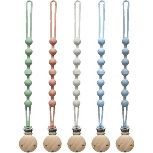Pacifier Clip for Boys Girls - MORIBOX 5 Pack Paci Clip Soothie Baby Binky Holder for Shower Birthday Gift (Beige+Brown+Green+GBlue+SBlue)