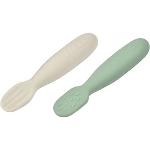 BEABA Set of 2 Silicone Pre-Spoons, For Babies 4-8 Months, Ultra-Soft Silicone Spoons to Help with Self Feeding, Designed with Specialist, Baby Utensils, Sage/Grey
