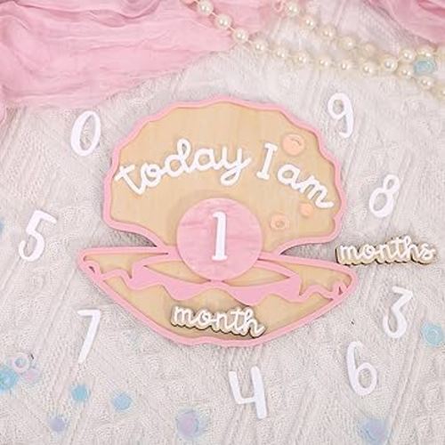 Wooden Mermaid Monthly Milestone Cards - Seashell Newborn Baby 1-12 Months Milestone Set, Baby's First Year Set, Mermaid Nursery Decor (Pink Seashell Monthly Card)