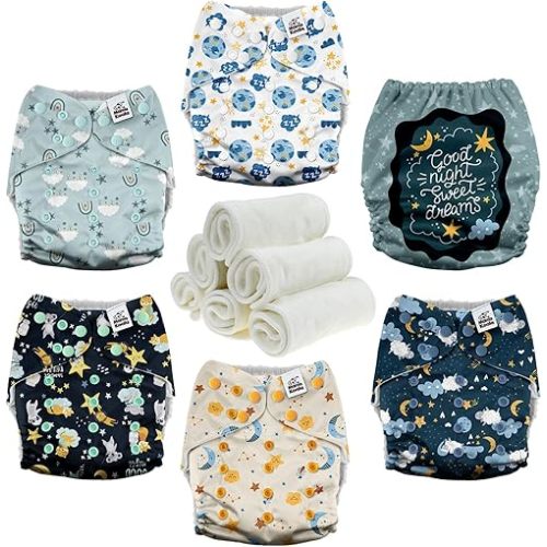 Mama Koala 3.0 Cloth Diapers for Babies with AWJ Lining, 6 Pack with 6 Natural Cloth Diaper Inserts - Reusable and Washable Pocket Diapers (Clear Night)