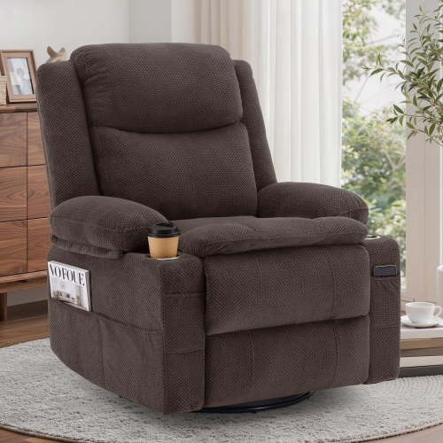 Korser 360°Swivel Rocker Recliner for Adults with Massage & Heat,Nursery Glider Recliner with Cup Holders Manual Recliner Chair with Side Pockets for Living Room,Brown