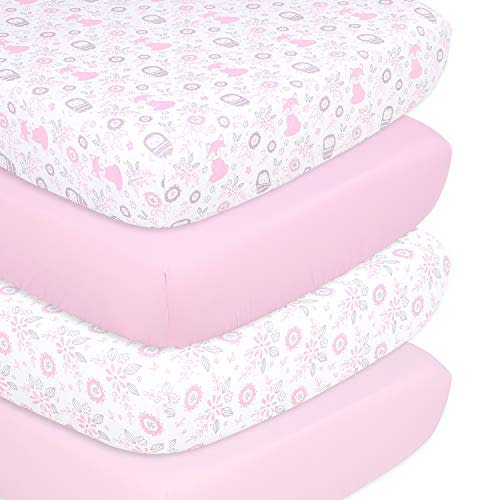 The Peanutshell Pink Woodland Floral Fitted Crib Sheet Set for Baby Girls, 4 Pack Set
