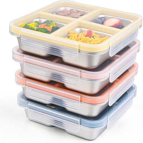 4 Pack Stainless Steel Snack Containers with Lids, Leakproof 4 Compartment Bento Lunch Boxes, Reusable Metal Meal Prep Food Storage Containers, Dishwasher Safe for Work, Travel, Picnic (4pack-A)
