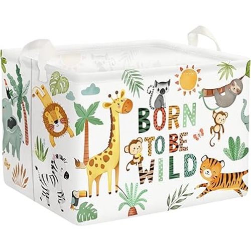 Clastyle 36L Boho Tropical Animal Tree Elephant Kid Storage Basket Rectangle Giraffe Lion Tiger Clothes Toy Nursery Bin Book Shelf Basket