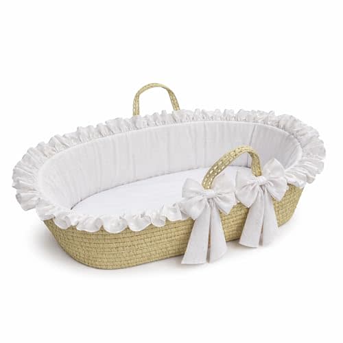 Ababy Moses Basket with Mattress, Fabric Liner & Polycotton Fitted Sheet – Portable Wicker Bed for Newborns, Breathable Nursery Sleep Space, Lightweight Design - White Ruffle