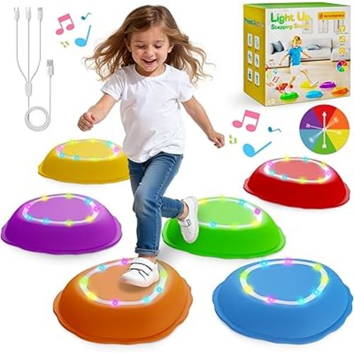 Rechargeable Stepping Stones for Kids, 6pcs Music and Light Up Anti-Slip Balance Sensory Toys for Toddler, Kids Indoor and Outdoor Play Equipment, Birthday Gifts Toys for 3 4 5+ Year Old Kids
