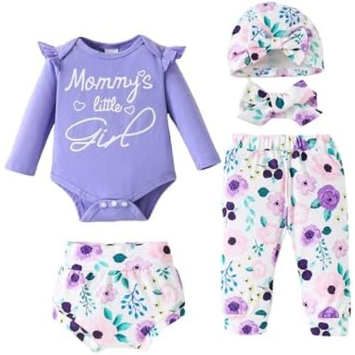 SUNNY PIGGY Baby Girl Clothes Infant Newborn Girls Outfits Romper with Headband Hat Pants Shorts Set 5Pcs