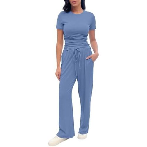 2 Piece Pajama Set for Women with Pockets, Short Sleeve Ruched Top, Wide Leg Pants with Drawstring, Soft Loungewear
