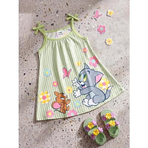 TOM & JERRY X SHEIN GraphicGems Baby Girl 2026 Summer Cute Cartoon Pattern Striped Strap Dress | SHEIN USA