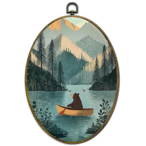 XFCICRLJ Vintage Bear Nursery Wall Art Decor, Kids Oval Canvas Prints Framed, Mountain Lake Landscape Wild Animals Riding Boat Wall Art Decorations for Playroom Kids Nursery Room Decor, 11x8.5 Inch
