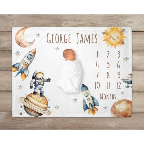 Custom Space Rocket Milestone Blanket, Personalized Baby Boy Astronaut Blanket, Newborn Gift, Baby Shower Gift, Monthly Growth Tracker,
