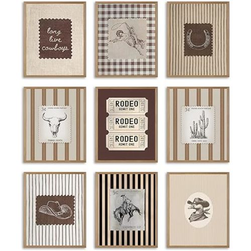 Msvenors Western Wall Art Set of 9, Vintage Cowboy Canvas Wall Decor, Retro Striped Cowboy Rodeo Stamp Poster Prints, Southwestern Farmhouse Artwork for Nursery Bedroom Living Room 8x10 Inch Unframed