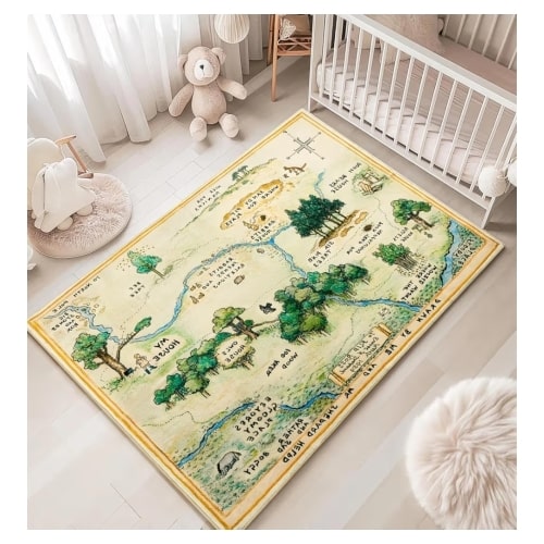 Estmy 5x7 Washable Nursery Rug, Cute Woodland Kids Play Rug for Girls Boys Neutral Soft Crawling Play Mat for Classroom Children Toddlers Bedroom Stain Resistant Easy Clean, 100 Acre Wood Map Carpet