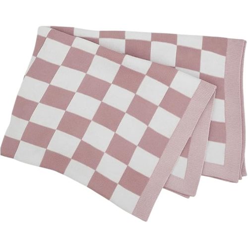 Cotton Knitted Checkered Baby Blanket for Boys and Girl Soft Cozy Lightweight Receiving Blanket for Nursery Baby Shower Birthday Newborn Infant Toddler Kids Gift Idea Dusty Mauve-30x30