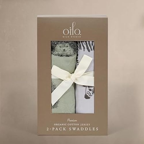 Oilo Premium Jersey Swaddle Blanket Set, Breathable 100% Turkish Cotton 4-Way Stretch Jersey, Soft Large Receiving Blanket (46" x 46"), 2-Pack, Girl, Boy, & Neutral Design, Hedgehog & Zebra