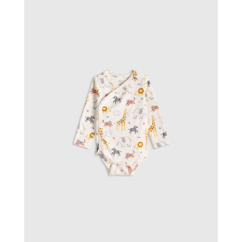 100% Organic Cotton Long Sleeve Kimono Bodysuit - Baby in Safari